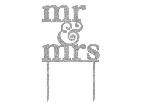Cake topper Mr & Mrs, silver glitter - 15,5 x 9 cm - 1 pc