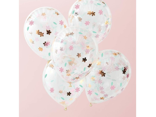 Balony lateksowe z kwiatowym konfetti - 30 cm - 5 szt.
