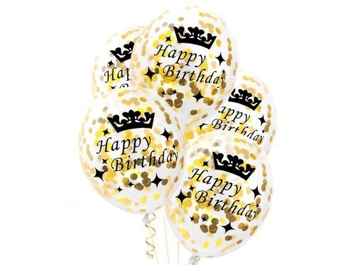 Balony przezroczyste ze złotym konfetti Happy Birthday - 30 cm - 5 szt.
