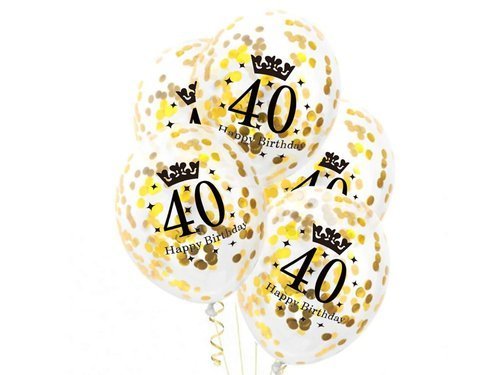 Balony przezroczyste ze złotym konfetti na czterdziestkę - 30 cm - 5 szt