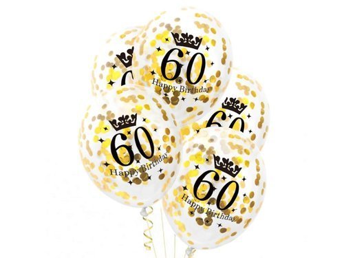 Balony przezroczyste ze złotym konfetti na sześćdziesiątkę - 30 cm - 5 szt