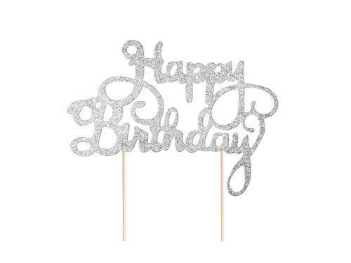 Topper na tort Happy Birthday srebrny brokatowy - 21 cm -1 szt.