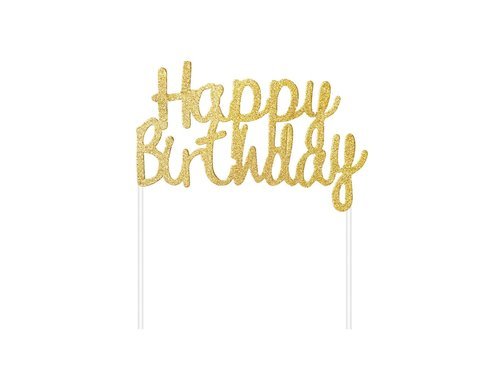 Topper na tort Happy Birthday złoty brokatowy - 14 cm