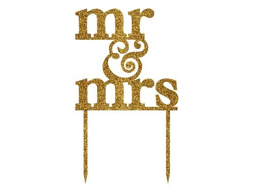 Topper z brokatowej pleksi złoty na tort Mr & Mrs - 15,5 cm
